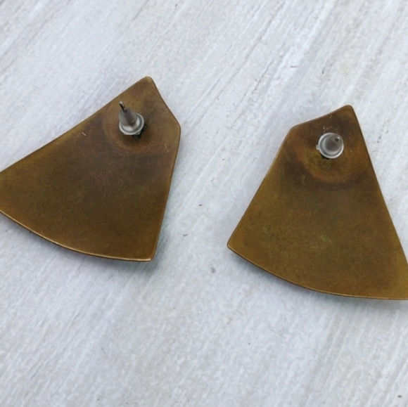 Crackled Turquoise & Metallic Copper Brown Enamel Abstract Brass Earrings - Picture 3 of 7